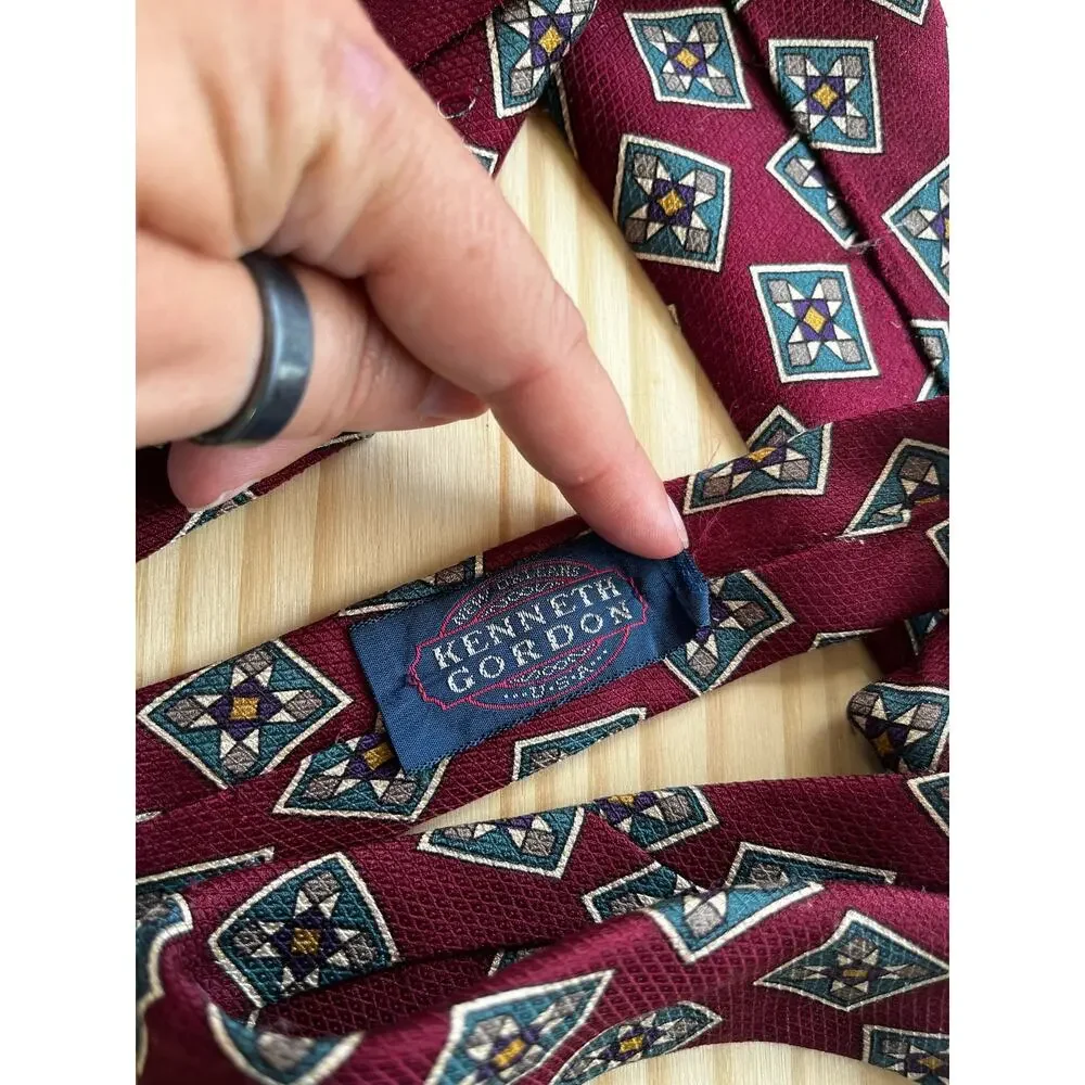 Vintage Kenneth Gordon 90s Quilt Square Silk Necktie